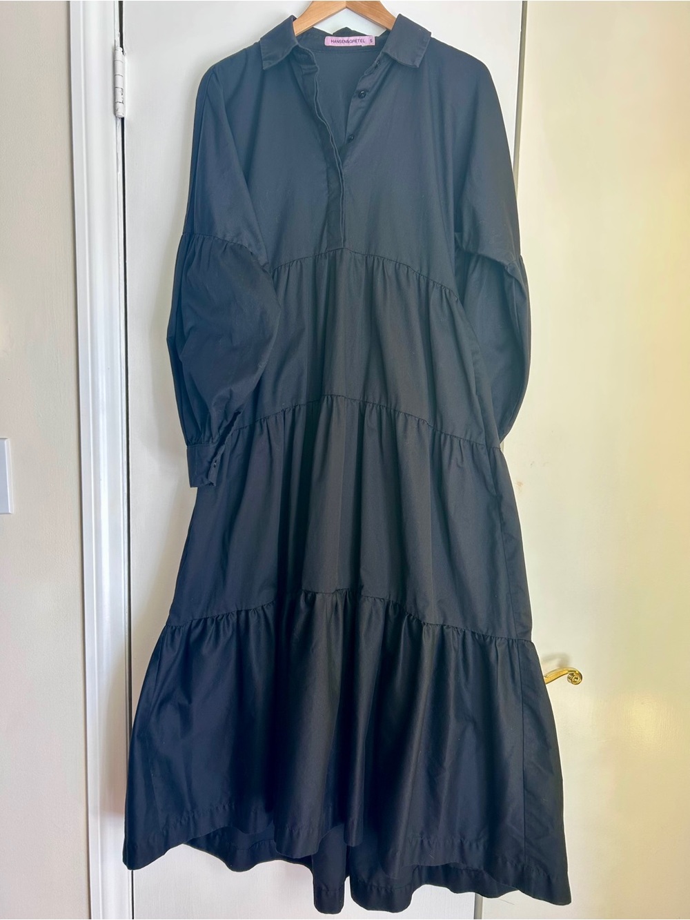 Hansen & Gretel Black Cotton Blend Tiered Maxi Shirt Dress with Pockets, Small
